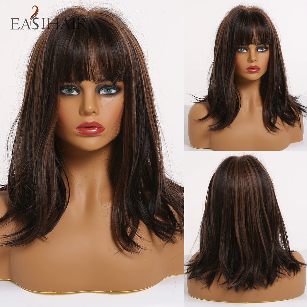 EASIHAIR темно коричневые прямые синтетические парики с челкой для женщин парик
