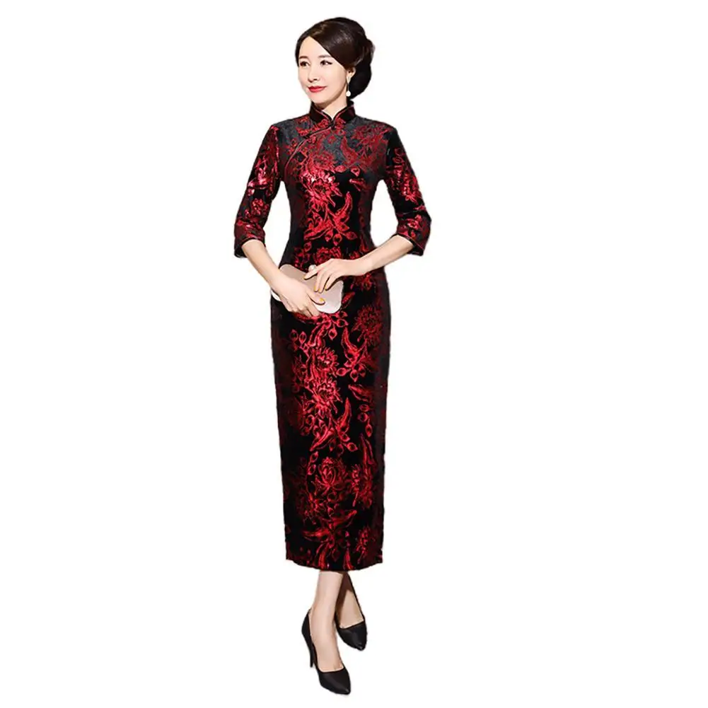 

Chinese Cheongsam Qipao Embroidery Slit Dress Women 3/4 Sleeve Long Split Floral Printed Chinese Cheongsam Midi Slim Dress sexy