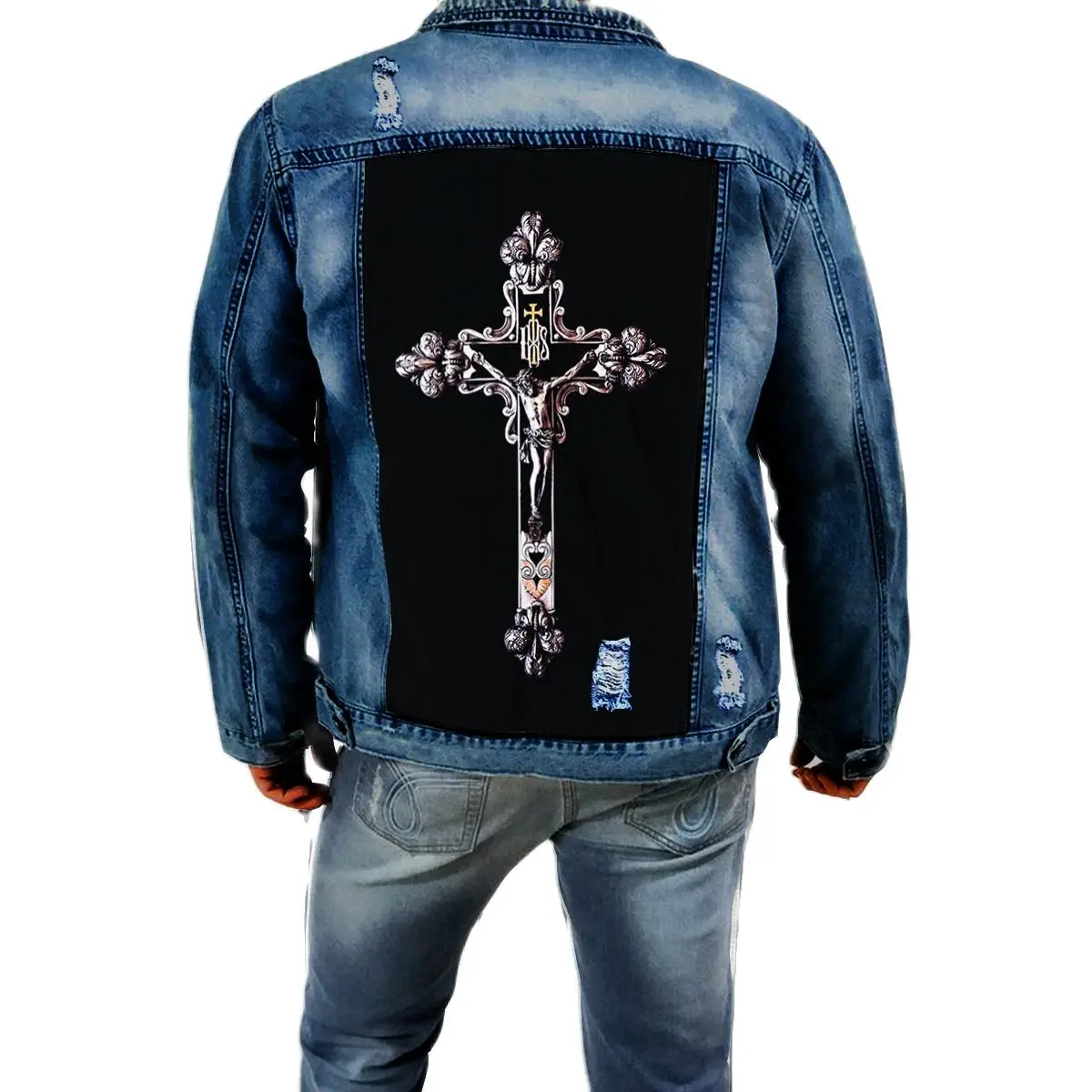 Men's Ripped Denim Jacket 2021 Autumn And Winter New Style Lapel Cross  Print   Wholesale