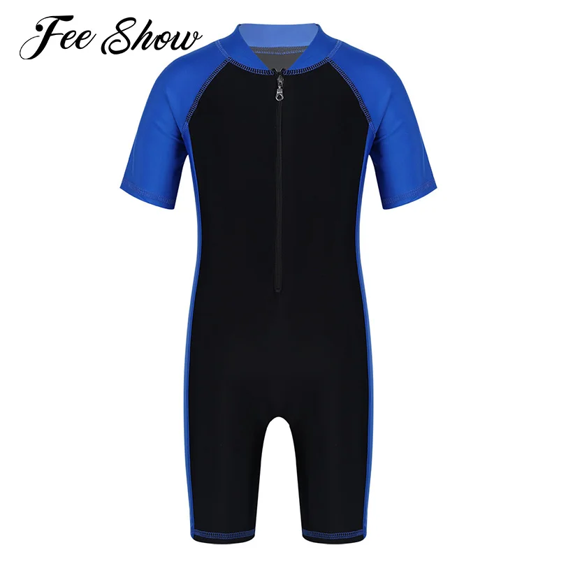 Kids Boys/Girls One-piece Suits Rash Guards for Surfing Short Sleeves Zippered Shorty Wetsuits Swimsuit Swimwear Bathing Suits