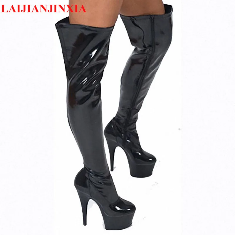 

New 15cm high heel thigh high boots for women zipper motorcycle boots Hand Made High Heel Shoes tall sexy pole dancing boots