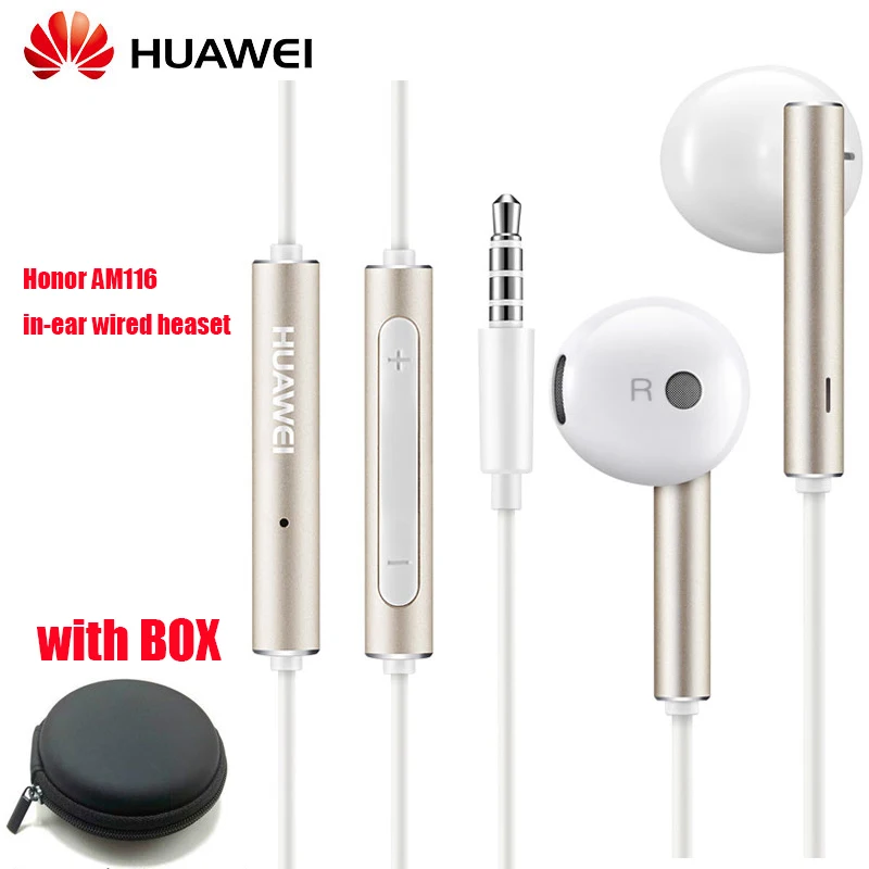 AM116 with box Оригинальные наушники huawei AM 116 с микрофоном и регулятором громкости, металлическая гарнитура для huawei P7 P8 P9 Lite P10 Plus Honor 5X 6X mate - Цвет: AM116 with box