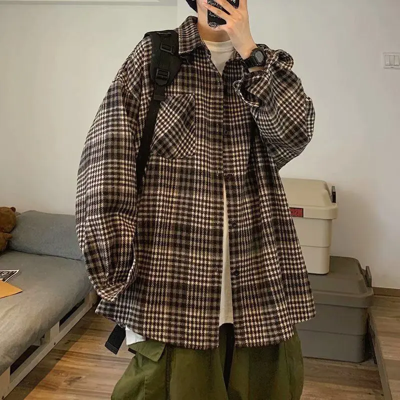 Woolen Shirt Men's Korean Fashion Student Handsome Long Sleeve Shirt Spring and Autumn Casual Coat