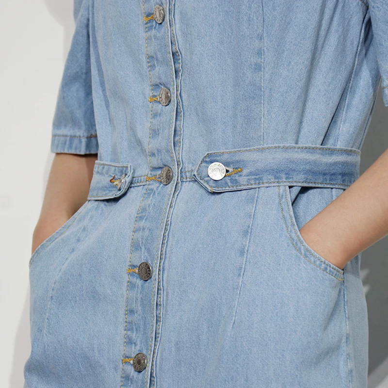 

TWOTWINSTYLE Denim Blue Trumpet Summer Dress Women Square Collar Short Sleeve High Waist Midi Dresses Female Fashion New 2021