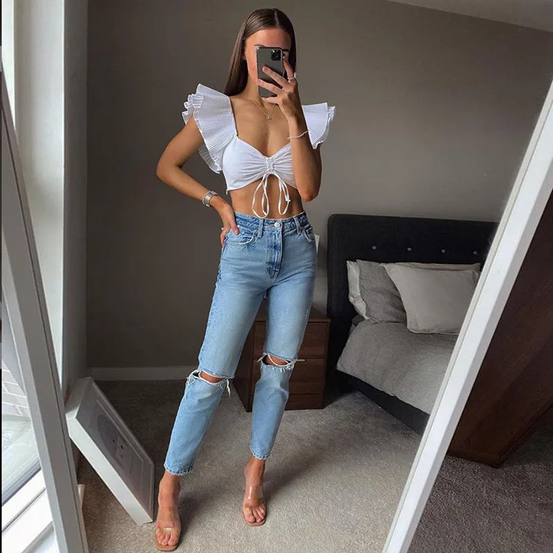 Винтажные топы на завязках с оборками 2020 женская футболка блуза рукавом бабочкой