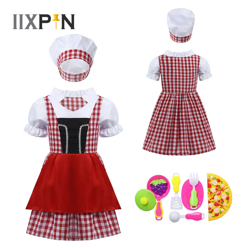 

Kids Girls Baker Chef Costume Set Halloween Fancy Dress Outfit Puff Sleeve Baker Cosplay Dress Hat Cook Tool Party Clothes 10PCS