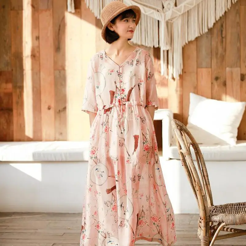 Женское платье с принтом Johnature винтажное v образным вырезом новинка 2021 весенне