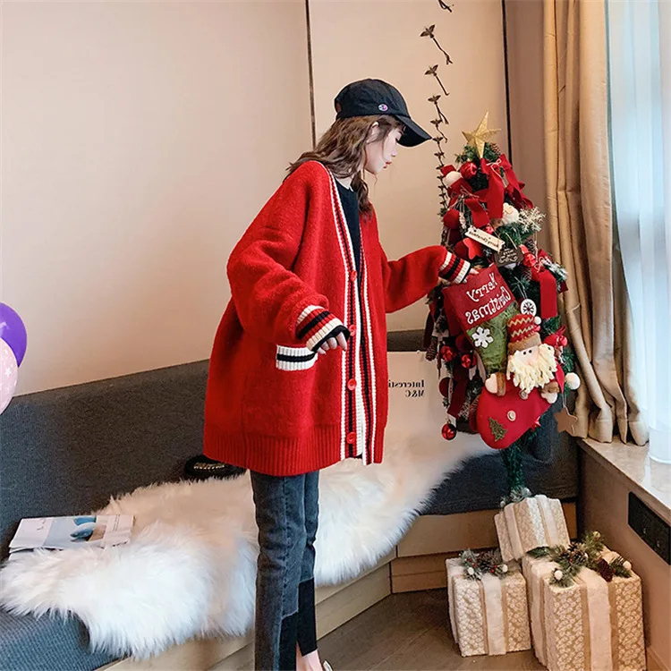 

Mid-length V-neck loose-fitting sweater coat female 2020 autumn and winter wild stripes lazy knit cardigan tide