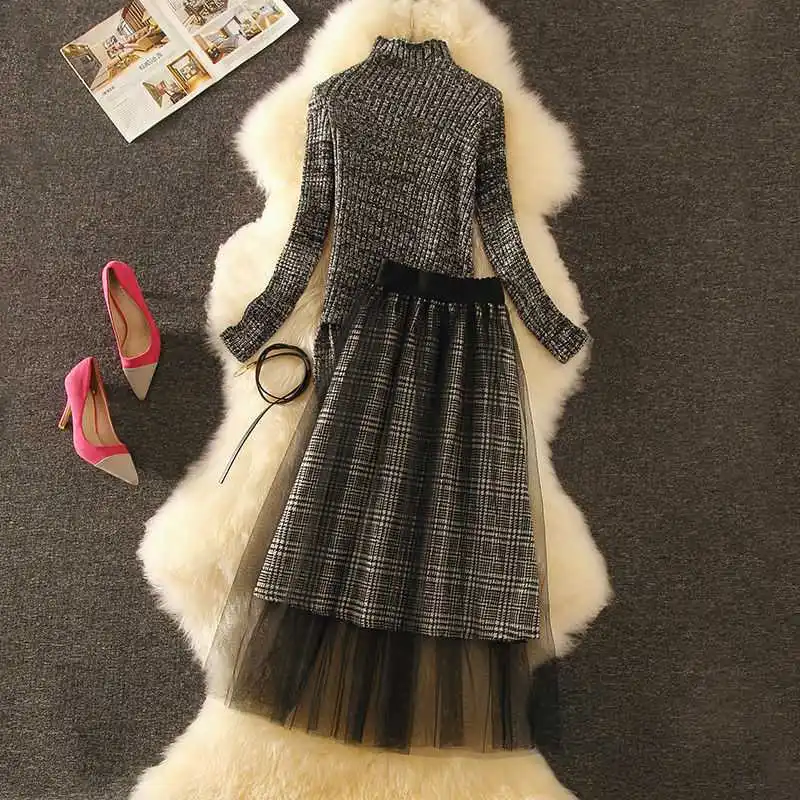 Женский трикотажный комплект из 2 предметов винтажный платья-свитера с высоким