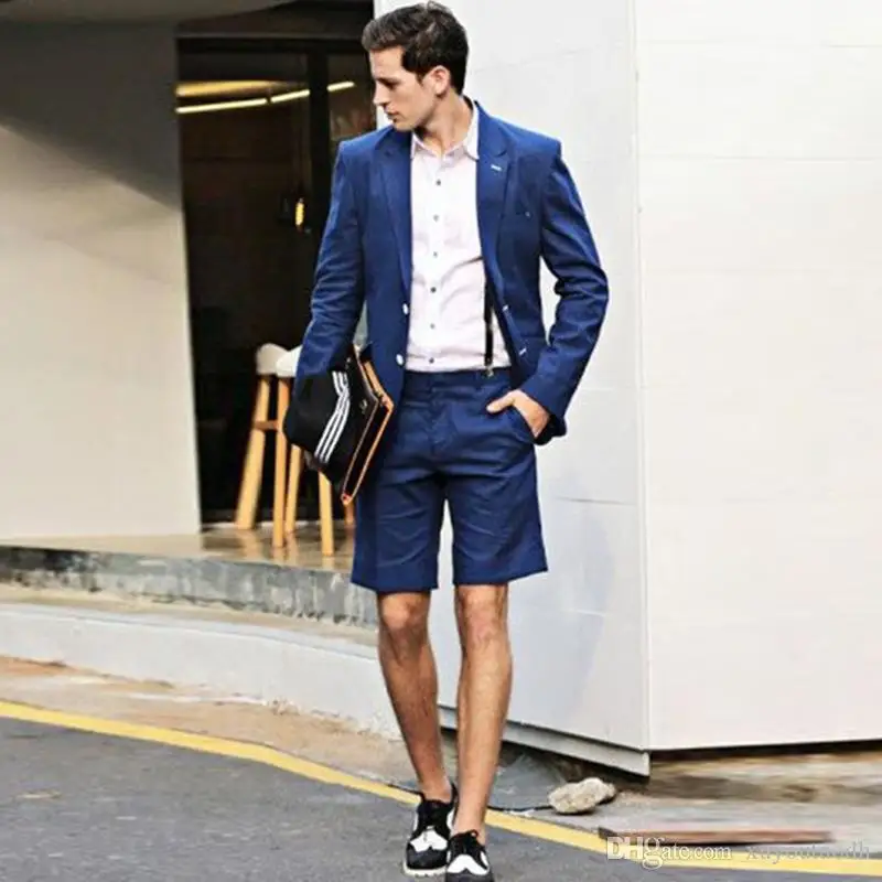 

Blue Summer Beach Simple Men Suits with Short Pant Jacket Simple Slim Fit Custom Made Wedding Suits Tuxedo 2Piece Casual Blazer