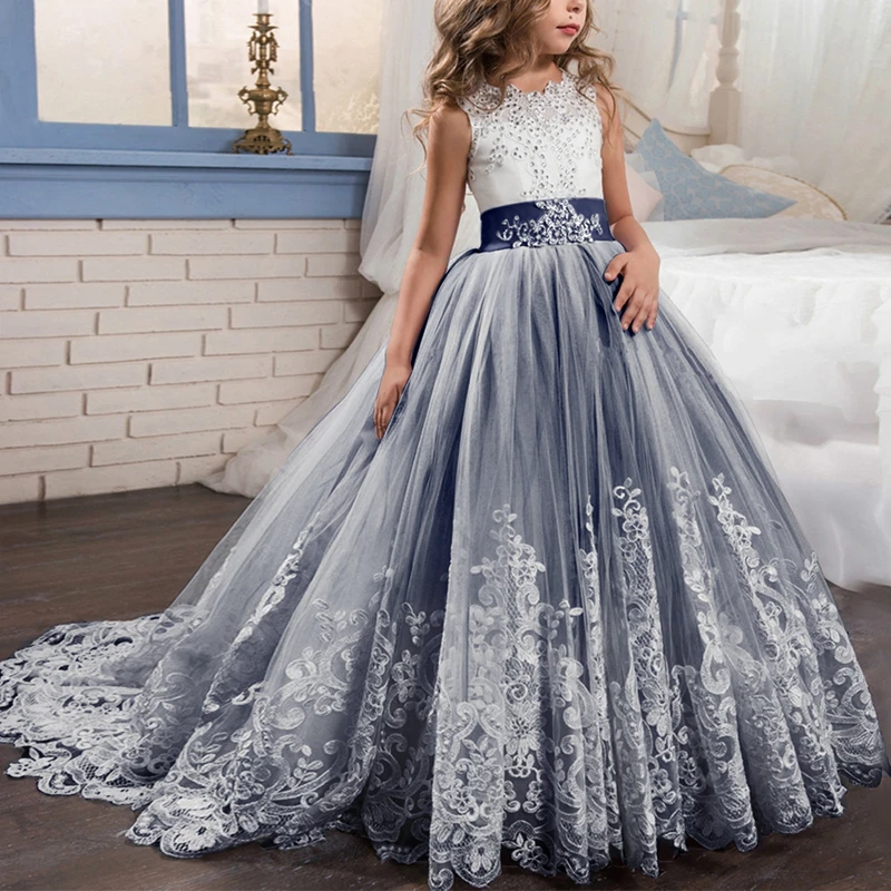 Navy Blue Винтажное платье принцессы на свадьбу; платья подружки невесты для детей; платье для первого причастия; праздничное платье для девочек; пышные Длинные платья со шлейфом для девочек - Цвет: Navy Blue