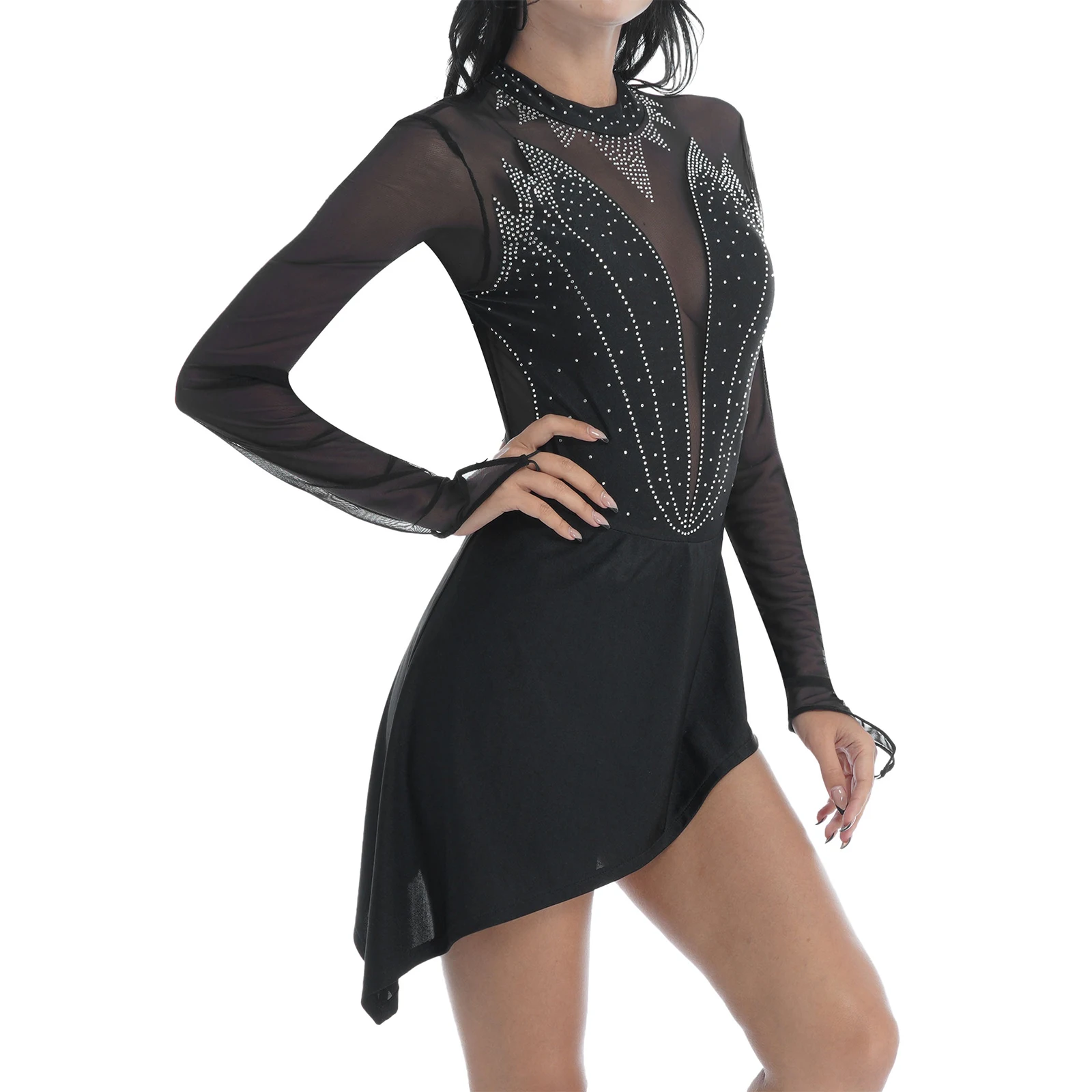 Танцевальное платье стразы с длинным рукавом для взрослых Фигурное катание на