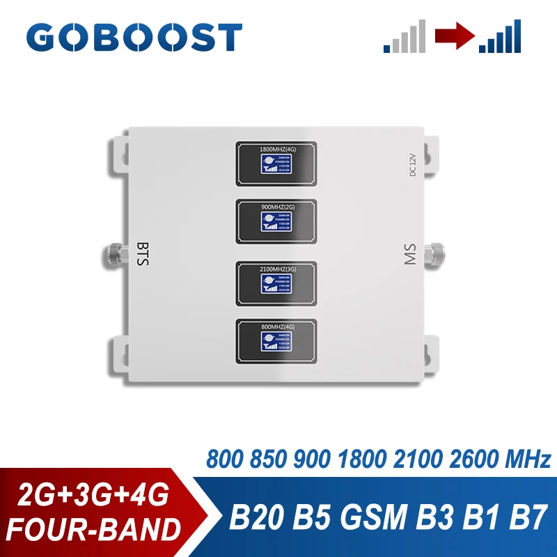 Четырехдиапазонный усилитель сотовой связи GOBOOST 2G 4G GSM 900 850 LTE FDD 800 1800 2600 UMTS 2100 МГц