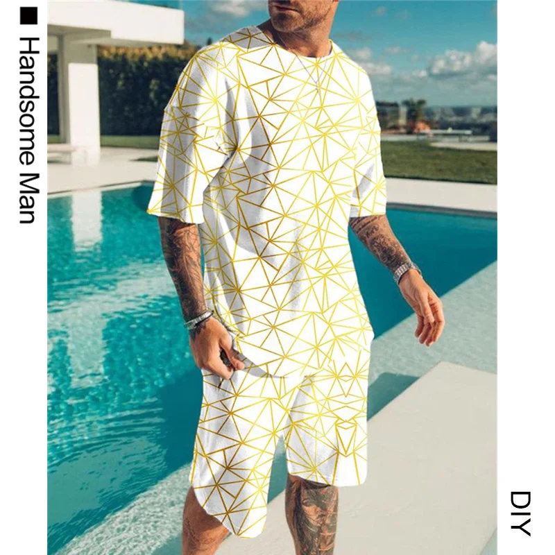 

Men Sports Suit T-shirt + shorts Workout Clothes 2-part Set of Sky Letters 3D Monochrome Printing short Sleeves Sportswear Suit