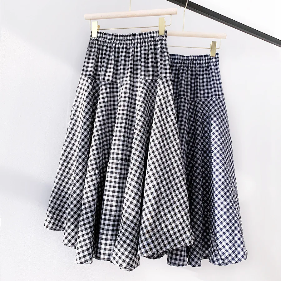 

Клетчатые юбки FAKUNTN, женская летняя пляжная длинная юбка с высокой эластичной талией и широким подолом, клетчатая Расклешенная юбка из хлоп...