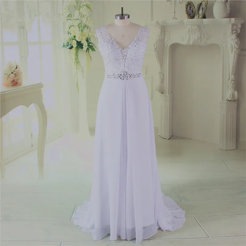 Шифоновое пляжное свадебное платье со стразами и кружевной аппликацией