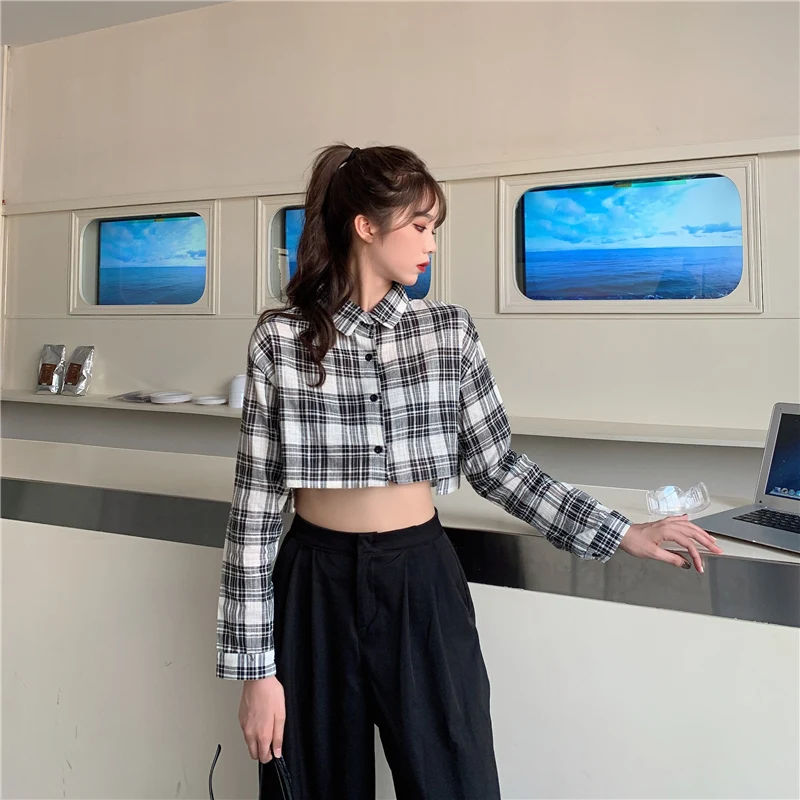 

IEQJ Women Short Design Black And White Plaid Blouse New Lapel Long Sleeve Loose Shirt Fashion Tide Spring Autumn 2021 3F1810