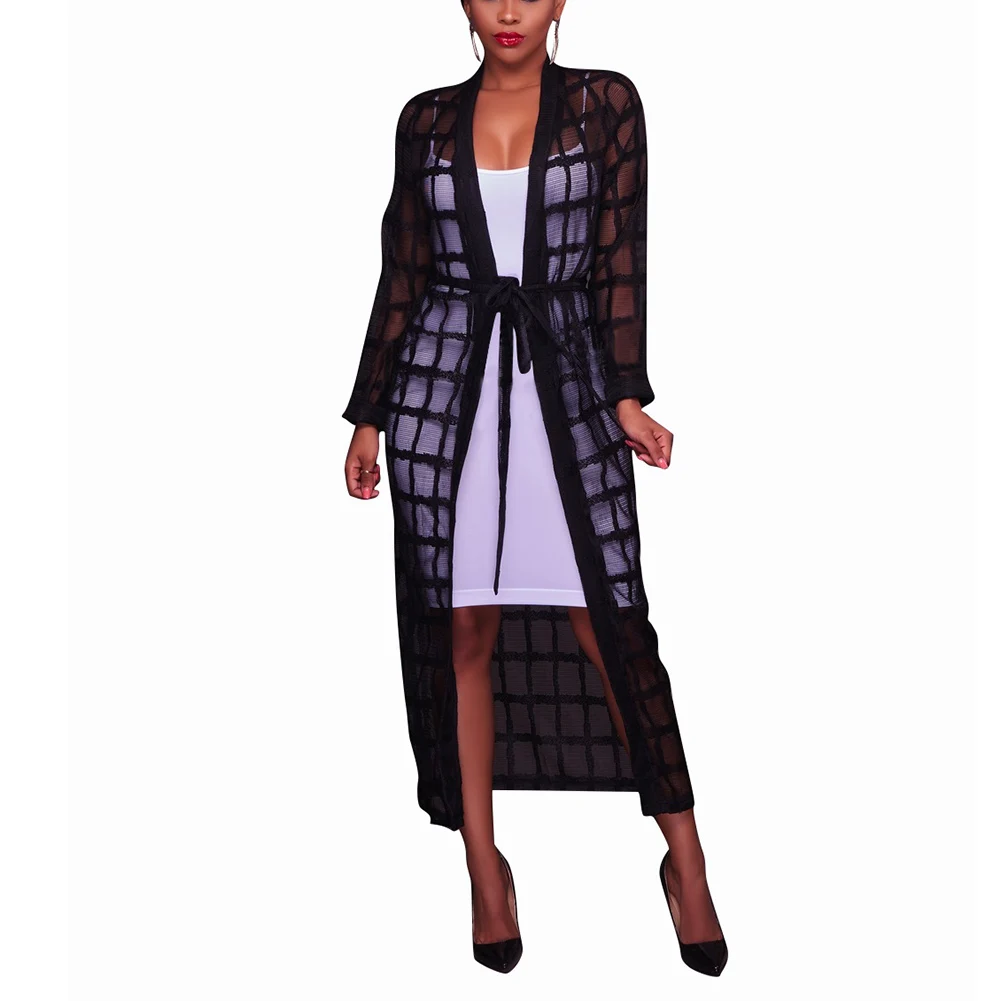 

Summer Black Plaid Long Mesh Coat Women Casual Maxi Beach See Through Elegant Female Overcoat Robe