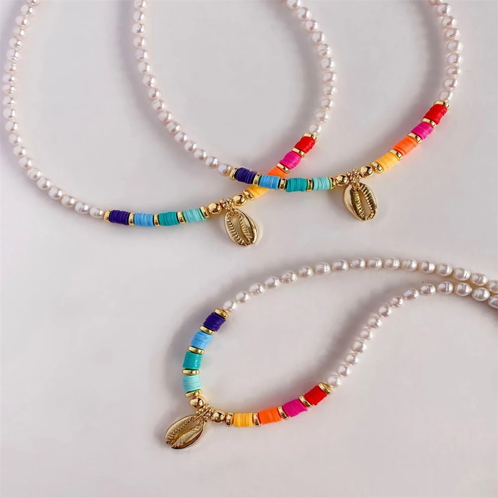 

KKBEAD ракушка кулон пресноводный жемчуг ожерелье Красочные Heishi Чокеры радужные бисерные ожерелья для женщин ювелирные изделия модный воротн...