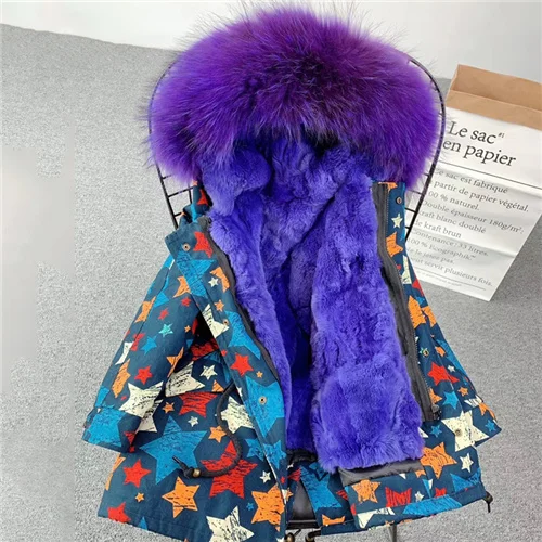 Star shell-purple Детская парка с большим меховым воротником Настоящий мех кролика, зимняя детская шубка для мальчиков и девочек, съемная подкладка, цветные детские меховые парки - Цвет: Star shell-purple