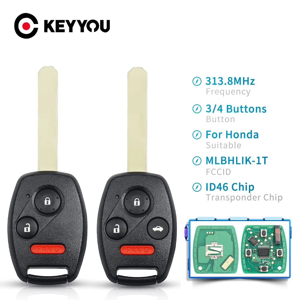 

KEYYOU 3/4 Buttons Remote Car Key MLBHLIK-1T ID46 Chip 313.8Mhz For Honda CRV Accord Fit Insight With Uncut HON66 Blade
