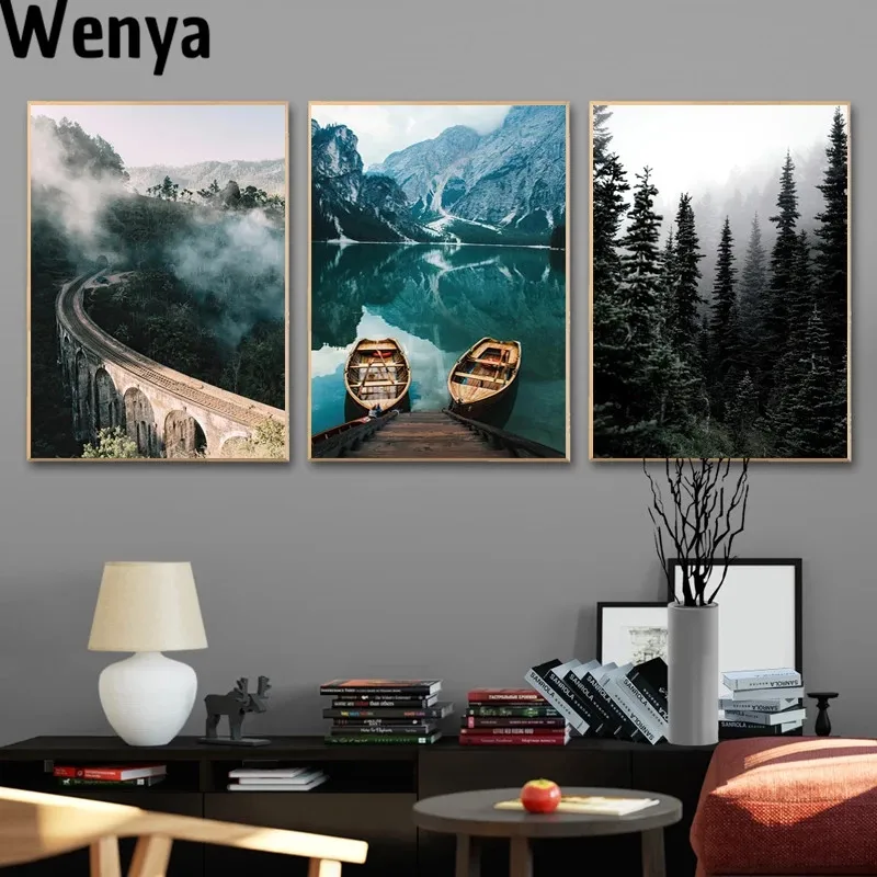 

Misty Forest Lake Boat Geometric Abstract Nature Landscape Picture Poster Nordic Canvas Print Painting Living Room Decoration