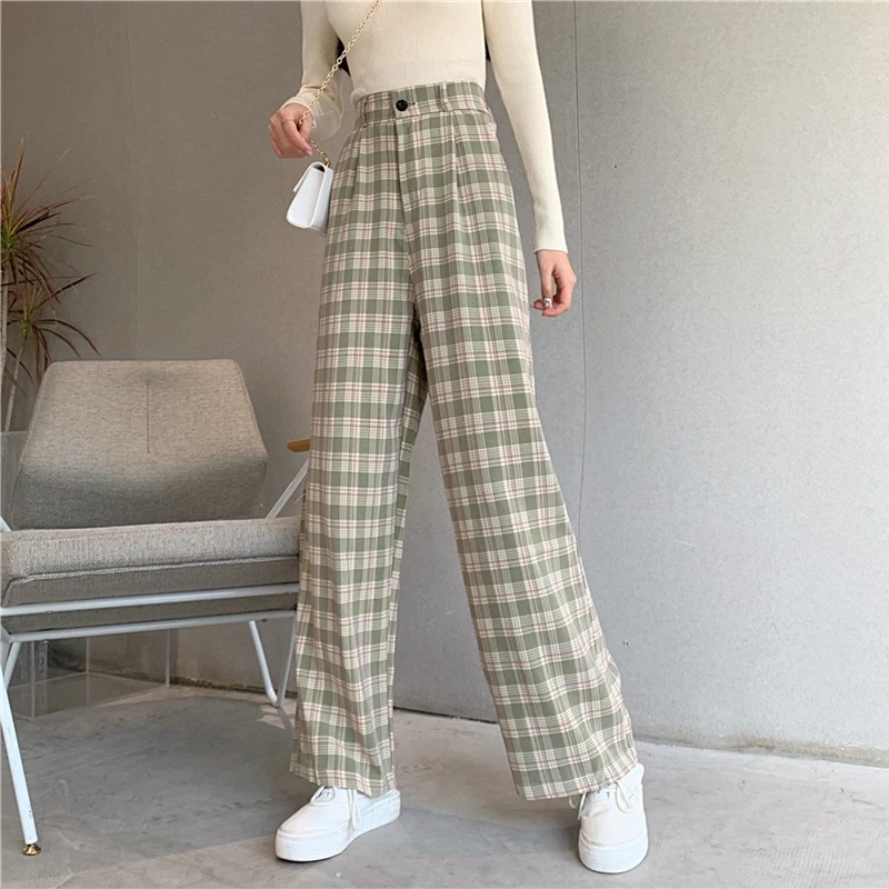 

Plaid Women Pants Elastic High Waist Korean Fashion Plus Size Loose Spring Ladies Full Straight Pants Casual Trousers S-4XL