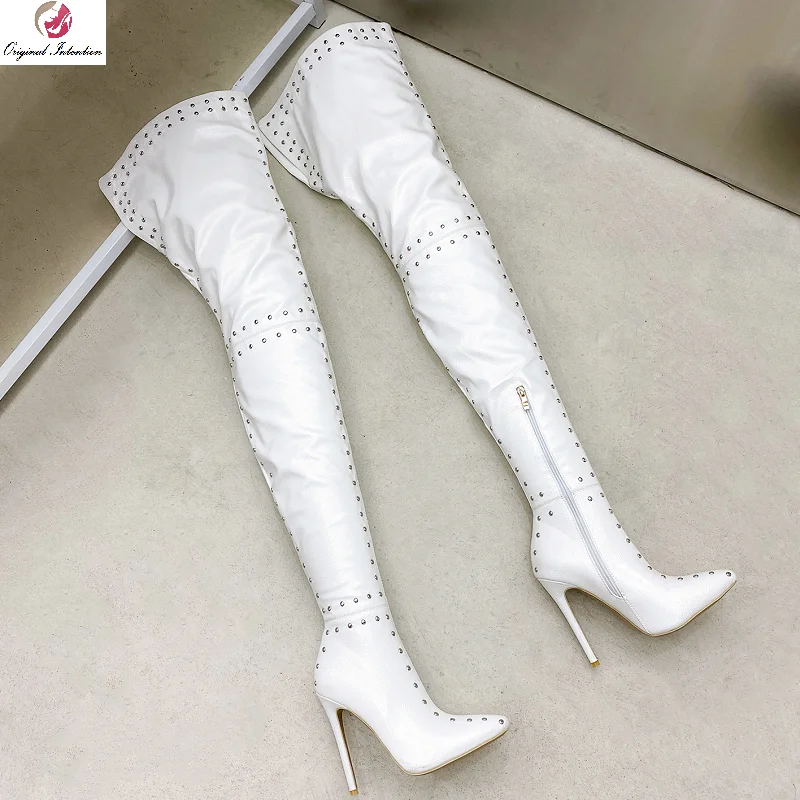 

Handmade Women's Thigh High Boots Sexy Studded Rivet Stiletto Heels Pointed Toe White Black Red Party Shoes Women US Size 3-16