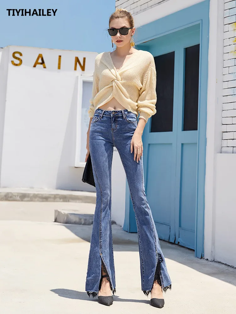 TIYIHAILEY 2021 New Free Shipping Fashion Long Jeans Pants Women Flare Trousers Plus Size 25-30 Denim Autumn Jeans Spring Lace