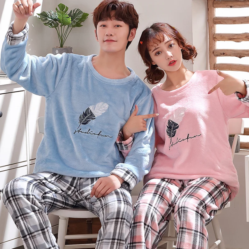 

Thick Pajama Sets Couples New Winter Home Clothes For Women Flannel Tops & Plaid Long Pants Men Pajamas Casual Suit3XL Nightwear