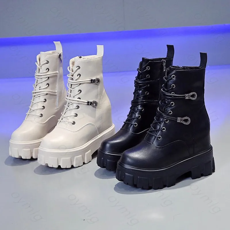

Women Ankle Boots 2020 New Autumn High Top Sneakers Comfortable Leather Platform Boots Winter 10CM Heels Wedges Motorcycle Boots