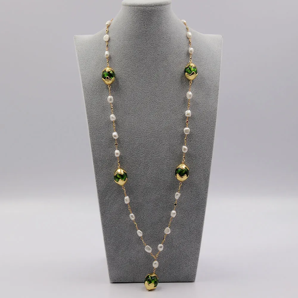 

GG Jewelry Cultured White Baroque Pearl Green Murano Glass Rosary Chain Long Necklace Pendant Handmade For Women
