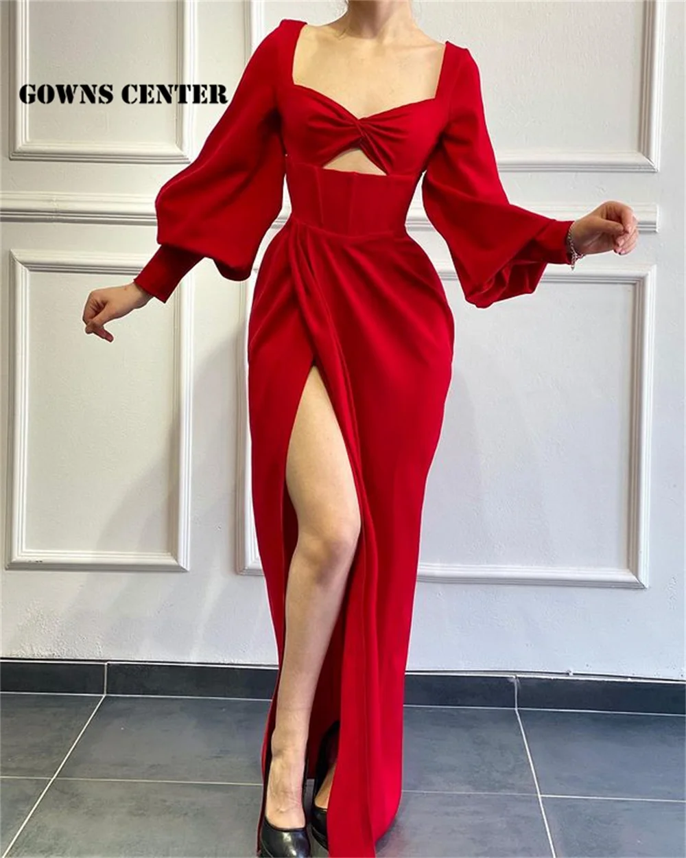 

Elegant Red High Slit Evening Dresses 2021 Long Puff Sleeve Mermaid Party Dress Prom Gowns