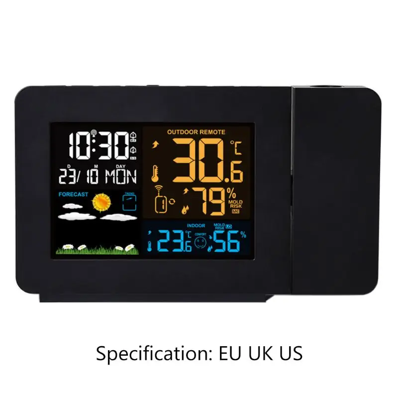

29EA Multifunctional LCD Digital Alarm Clock Calendar LED Projection Weather Thermometer Indoor Outdoor Temperature Humidity