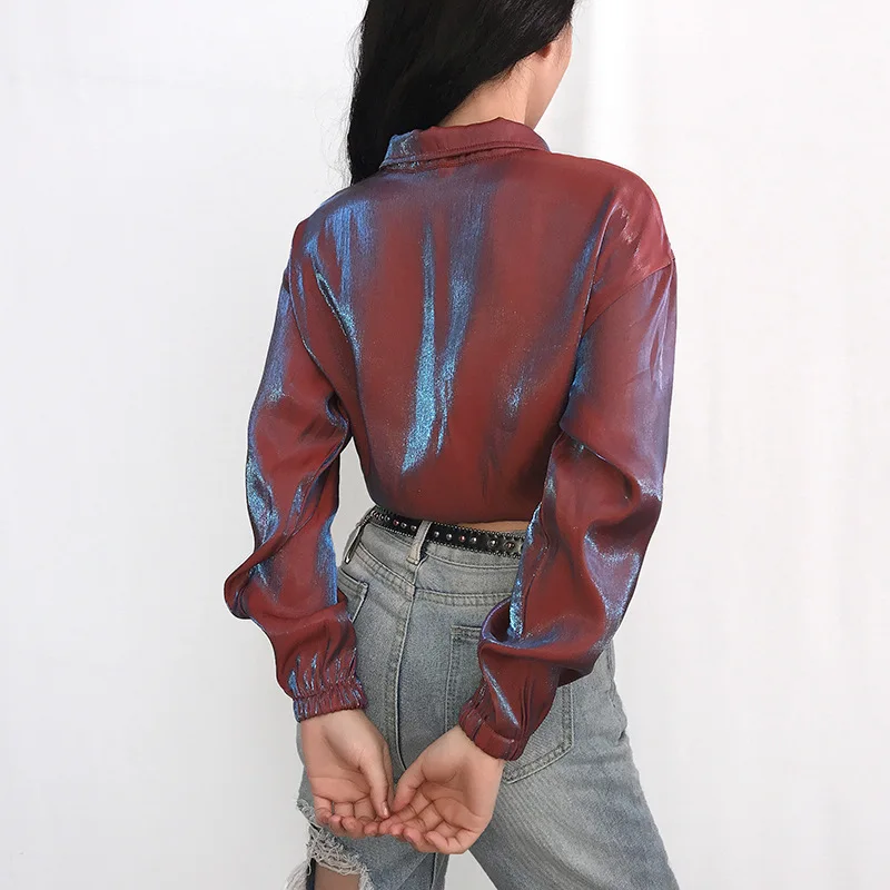 

2021 Fashion Women Reflective Shine Long Sleeves Hoodies Lapel Crop Tops Pullover Coat