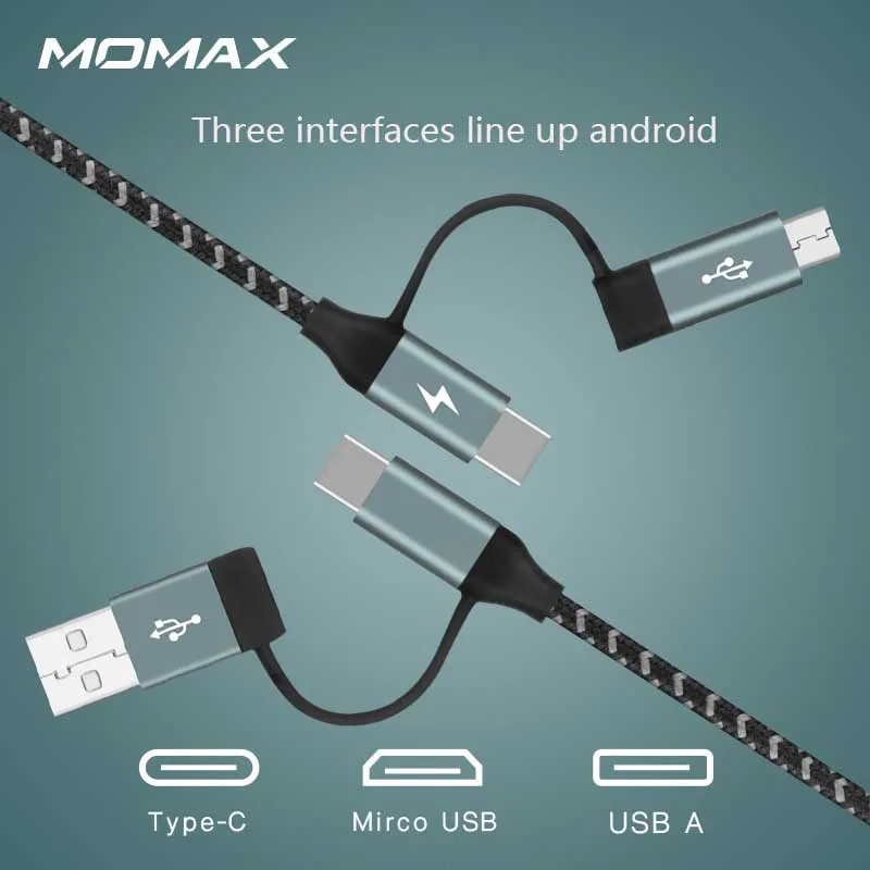 MOMAX тканая 4 в 1 кабель для передачи данных кабель-Переходник USB C на A до micro-1.2m три