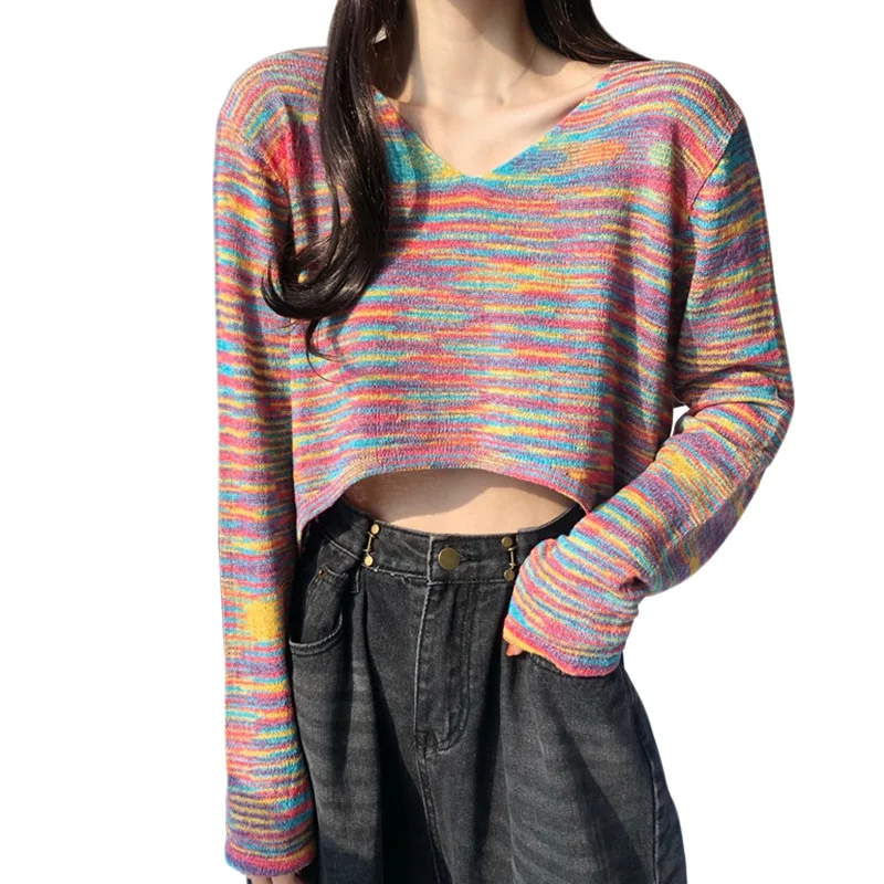 

Autumn Women V-neck Rainbow Thin Knitted Sweater Casual Long-sleeved Short Breathable Comfortable Sweater Pullover Jumpers