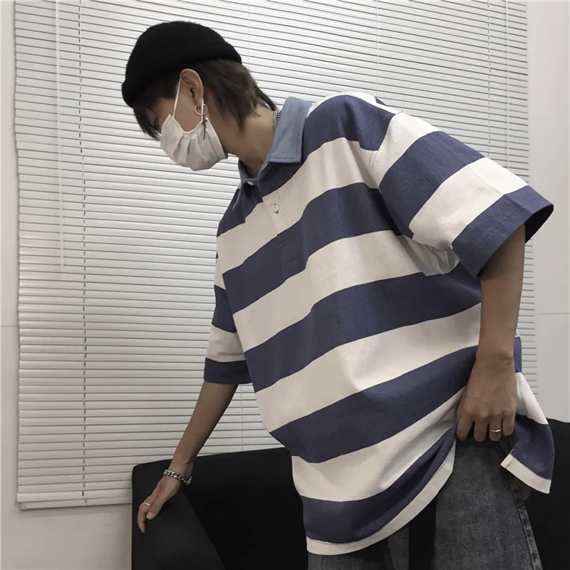 

Harajuku Blue Striped Polo T-Shirt Aesthetic Punk Unisex Grunge Clothes Streetwear Punk Gothic Female Harajuku Clothes y2K