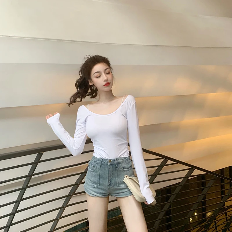 Женская весенняя одежда новинка 2021 Короткие топы нижняя рубашка белая футболка с
