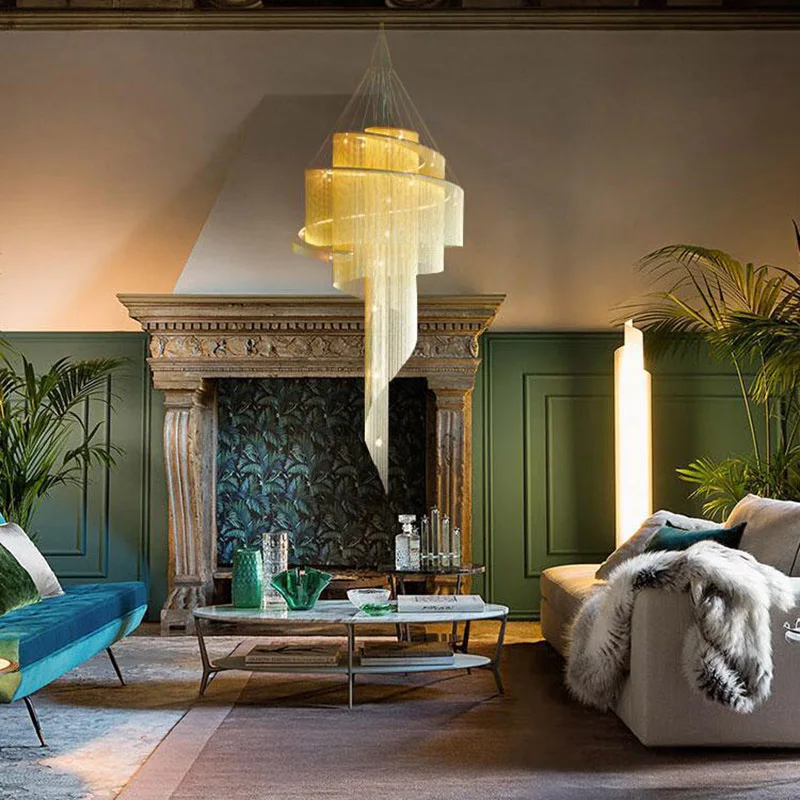 買取 吊り下げ式LEDシーリングライト,モダン,デュプレックス,大型,リビングルーム,ヴィラ,金色のタッセル,スパイラル階段,屋内フェアリーライト用