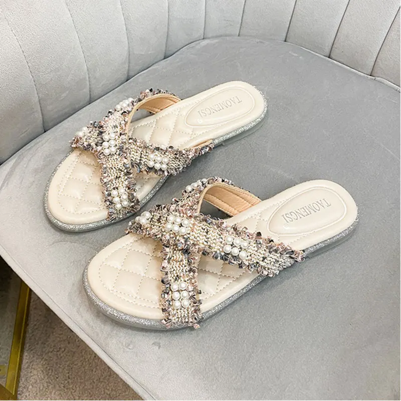 

2021 new summer sandals women sandals open toe net red pearl decoration flat bottom beach shoes fashion vacation ladies slippers