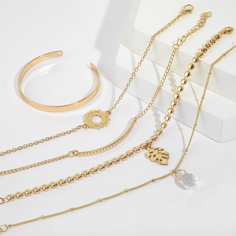 Docona 5 Стиль в богемном стиле Золотая цепь листьев с украшением виде кристаллов