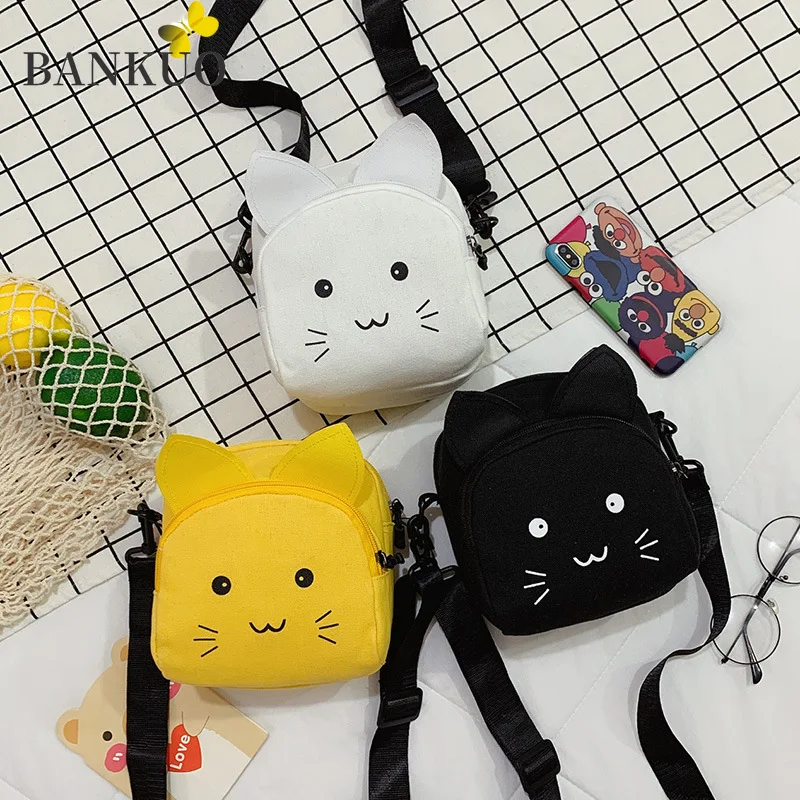 

BANKUO 2021 New Japanese Style Woman's Messenger Bag Cute Cartoon Girl Canvas Packet Fashion Cat Pattern Shoulder Bag 3PCS Z156