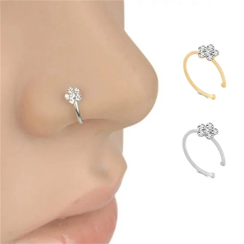 

Men Women Fake Crystal Nose Piercing Body Jewelry Floral Nose Hoop Nostril Nose Ring Tiny Flower Cartilage Tragus Ring