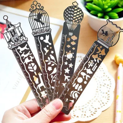 

4pcs/lot Simple Hollow Exquisite Metal Bookmark with Scale Ruler Creative Multifunctional Exquisite Painting Icon Model Ruler
