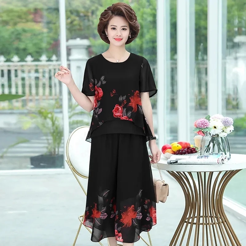 

Printing short sleeve shorts Skirts Chiffon Suit Women Fashion Casual loose big size sets Ladies Mom Korean summer Two Piece Set