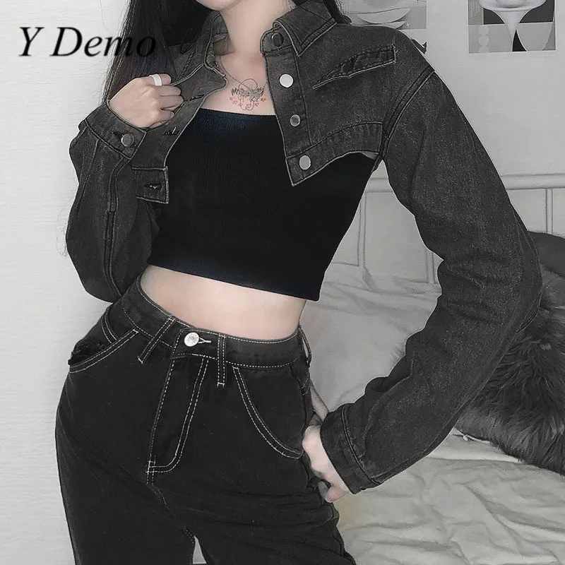 Винтажная женская джинсовая куртка Y Demo с длинным рукавом пикантная короткая