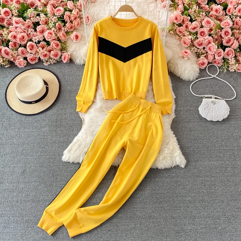 

Casual suit female autumn Korean loose O neck sweater top two-piece suit high waist Patchwork harem pockets pants sets Full
