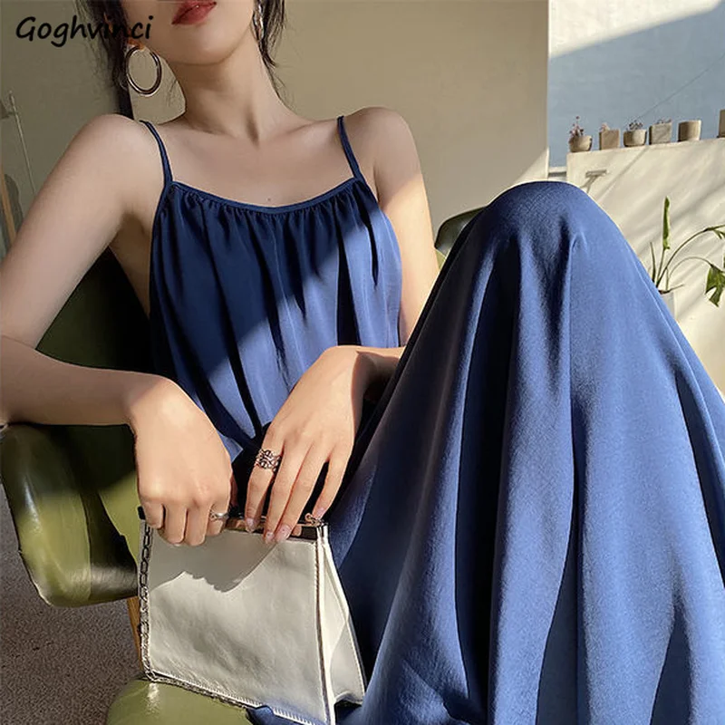 

Dresses Women Minimalist Style Solid Ankle-length Holiday Backless All-match Leisure Tender Korean Version Loose Sundress Female