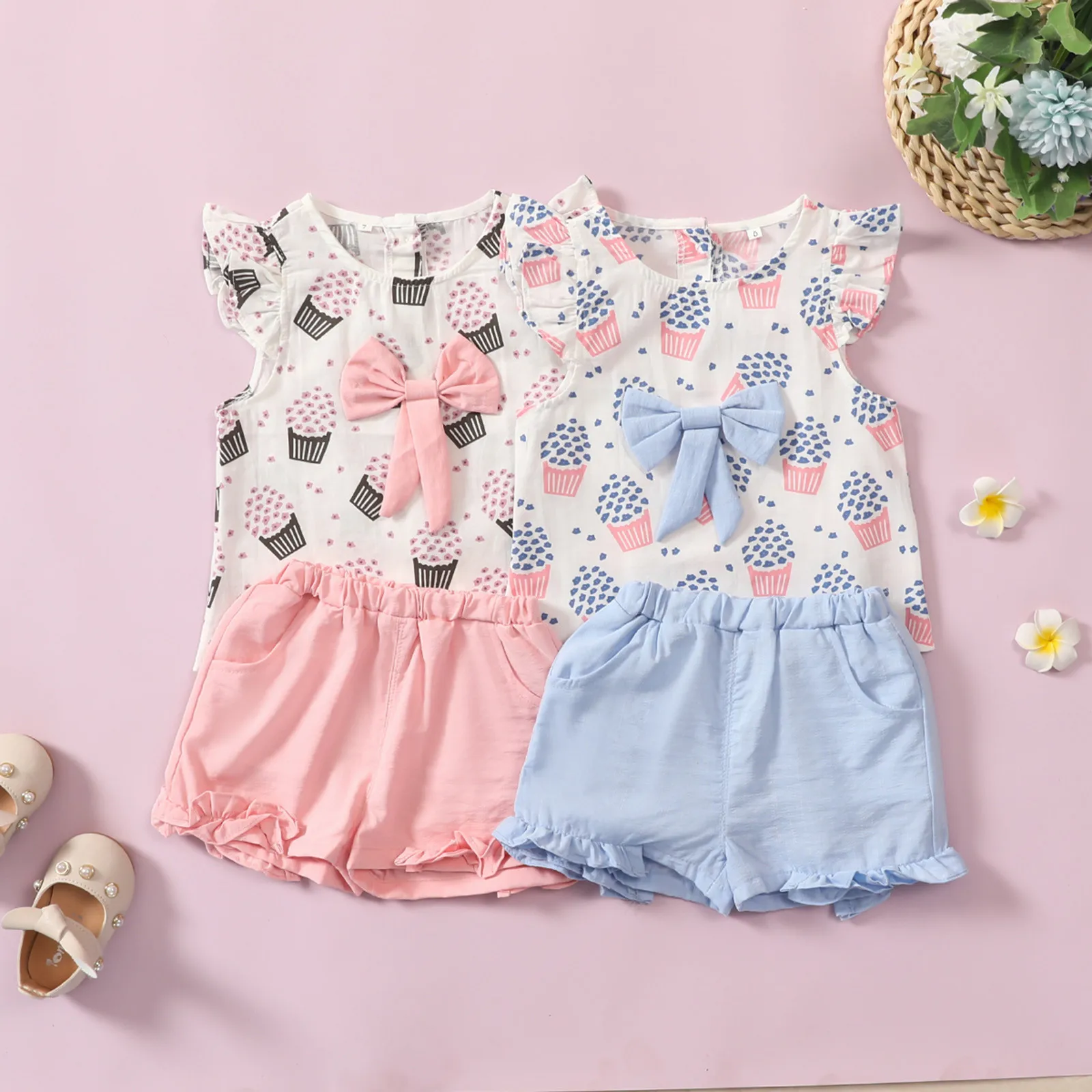 

Newborn Baby Girl Clothes Sets Summer For Toddler Kids Linen Popcorn Bow Tops Tee Ruffles Shorts Outfits Dziewczyna Zestawy 2021